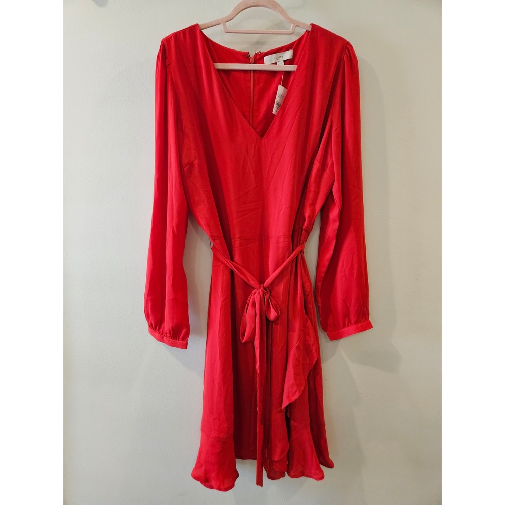 Loft Red Long Sleeve Wrap Dress Tie Waist Ruffle Hem‎ Romantic Size 14T NEW